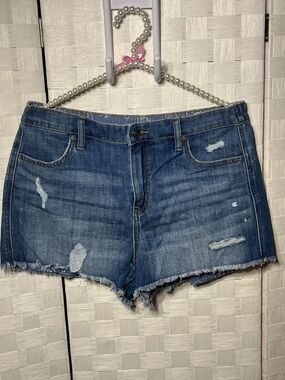 Women's Frayed Hem Distressed Denim Shorts back elastic - Blue M